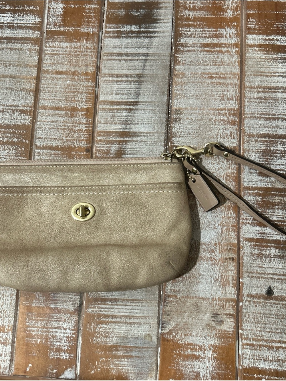 Coach Gold-Tone Suede Wristlet Clutch in Taupe